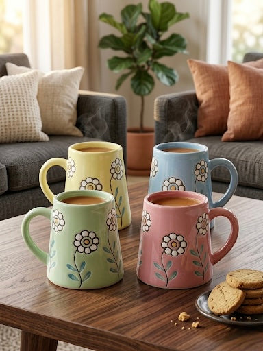 Embossed Floral Ceramic Mug Set of 4 – Pastel Coffee & Tea Mugs with Daisy Pattern