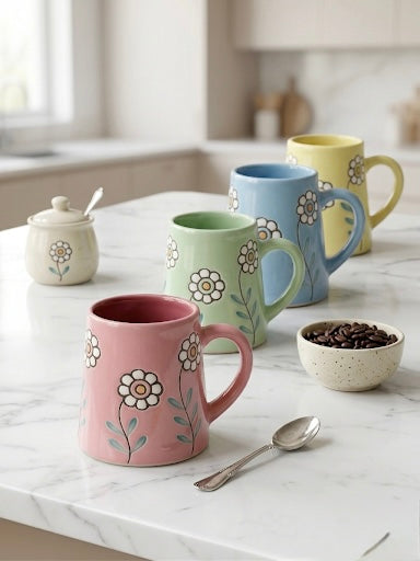 Embossed Floral Ceramic Mug Set of 4 – Pastel Coffee & Tea Mugs with Daisy Pattern