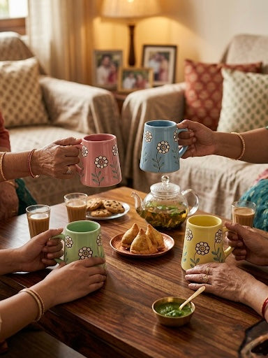 Embossed Floral Ceramic Mug Set of 4 – Pastel Coffee & Tea Mugs with Daisy Pattern