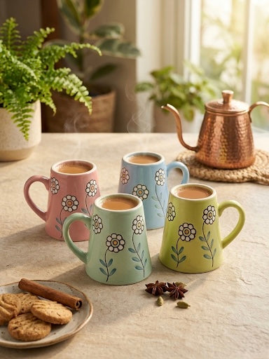 Embossed Floral Ceramic Mug Set of 4 – Pastel Coffee & Tea Mugs with Daisy Pattern