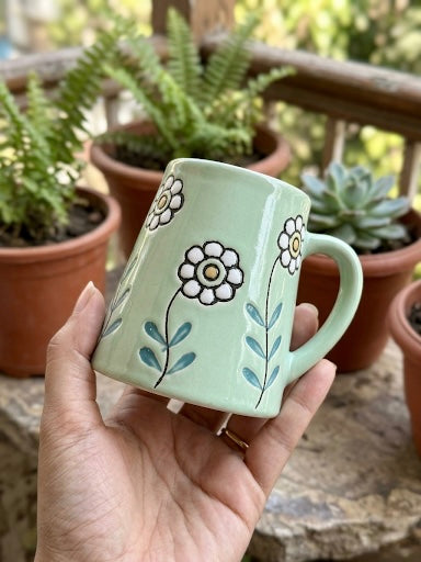 Embossed Floral Ceramic Mug Set of 4 – Pastel Coffee & Tea Mugs with Daisy Pattern