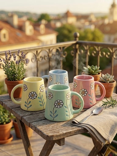 Embossed Floral Ceramic Mug Set of 4 – Pastel Coffee & Tea Mugs with Daisy Pattern