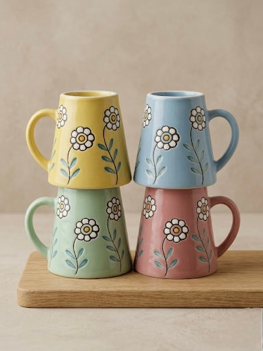 Embossed Floral Ceramic Mug Set of 4 – Pastel Coffee & Tea Mugs with Daisy Pattern