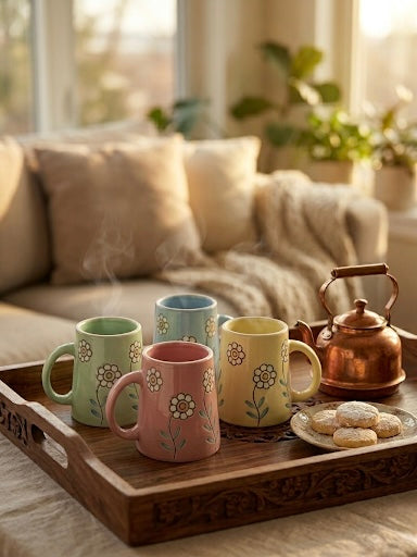 Embossed Floral Ceramic Mug Set of 4 – Pastel Coffee & Tea Mugs with Daisy Pattern