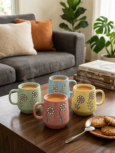 Floral Ceramic Mug Set of 4 – Hand-Painted Style Pastel Coffee & Tea Mugs