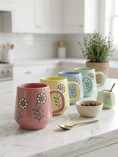 Floral Ceramic Mug Set of 4 – Hand-Painted Style Pastel Coffee & Tea Mugs