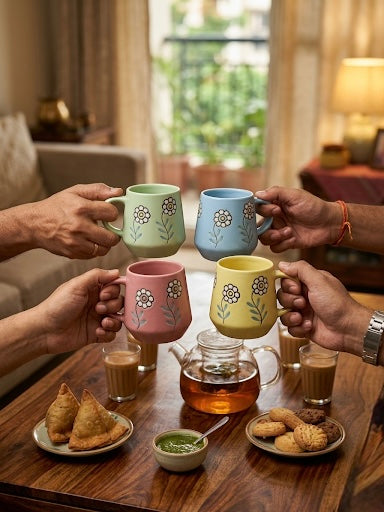 Floral Ceramic Mug Set of 4 – Hand-Painted Style Pastel Coffee & Tea Mugs