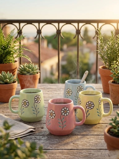 Floral Ceramic Mug Set of 4 – Hand-Painted Style Pastel Coffee & Tea Mugs