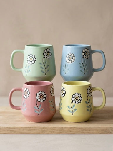 Floral Ceramic Mug Set of 4 – Hand-Painted Style Pastel Coffee & Tea Mugs