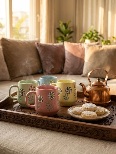 Floral Ceramic Mug Set of 4 – Hand-Painted Style Pastel Coffee & Tea Mugs