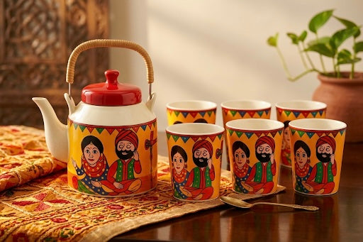 Tea Pot Set with 6 Cups – Ceramic Kettle Set with Cutting Tea Cups | GupShupCups