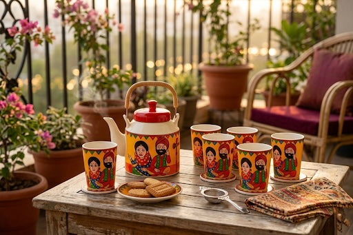 Tea Pot Set with 6 Cups – Ceramic Kettle Set with Cutting Tea Cups | GupShupCups