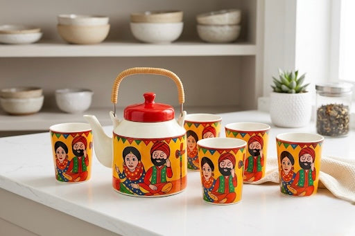 Tea Pot Set with 6 Cups – Ceramic Kettle Set with Cutting Tea Cups | GupShupCups