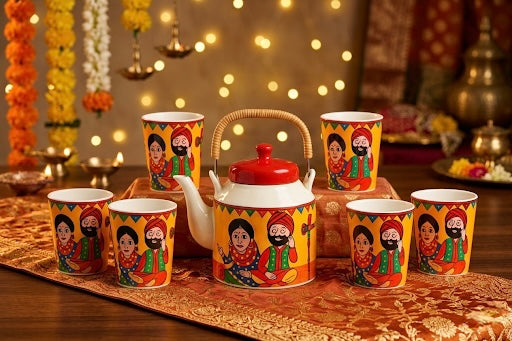Tea Pot Set with 6 Cups – Ceramic Kettle Set with Cutting Tea Cups | GupShupCups