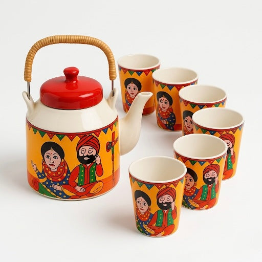 Tea Pot Set with 6 Cups – Ceramic Kettle Set with Cutting Tea Cups | GupShupCups