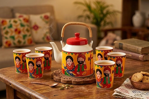 Tea Pot Set with 6 Cups – Ceramic Kettle Set with Cutting Tea Cups | GupShupCups