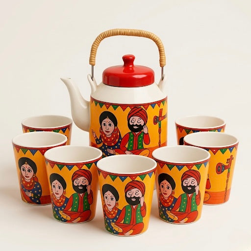 Tea Pot Set with 6 Cups – Ceramic Kettle Set with Cutting Tea Cups | GupShupCups