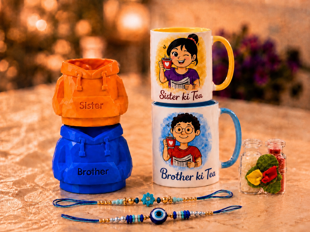 Brother Sister Rakhi Gift Hamper – Ceramic Mugs, Rakhi & Roli Chawal | Brother ki Tea, Sister ki Tea