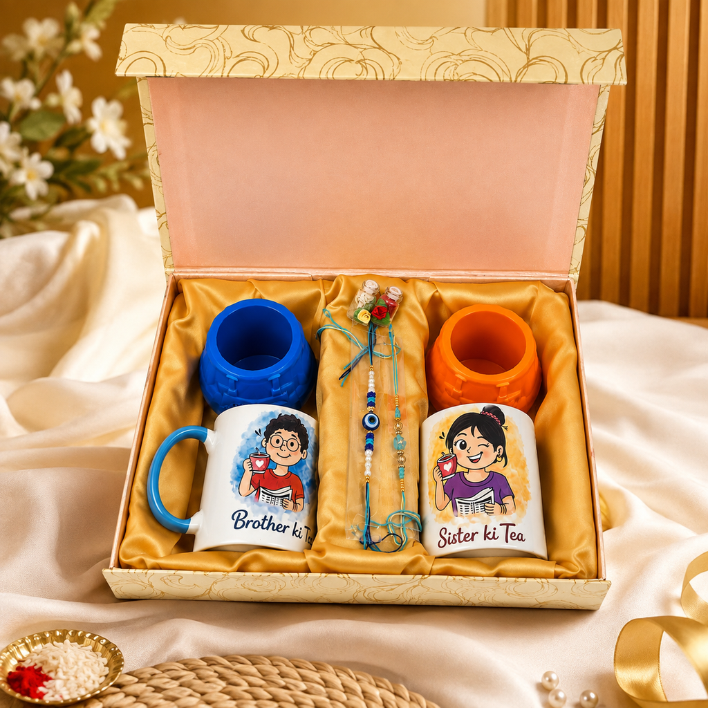 Brother Sister Rakhi Gift Hamper – Ceramic Mugs, Rakhi & Roli Chawal | Brother ki Tea, Sister ki Tea