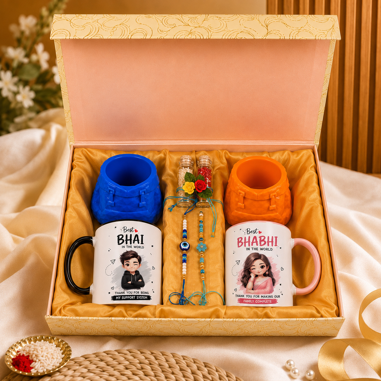 Bhai Bhabhi Rakhi Gift Hamper – Best Bhai Best Bhabhi Mugs with Lumba Rakhi Set