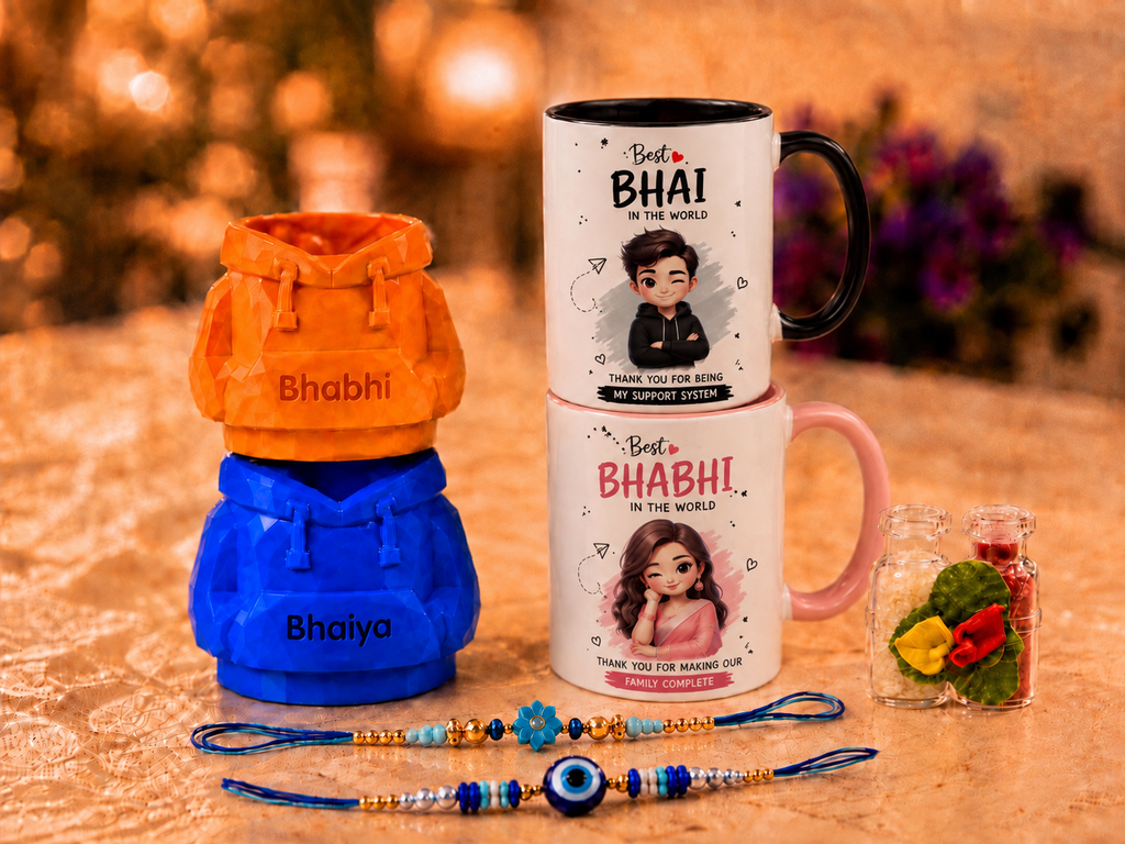 Bhai Bhabhi Rakhi Gift Hamper – Best Bhai Best Bhabhi Mugs with Lumba Rakhi Set