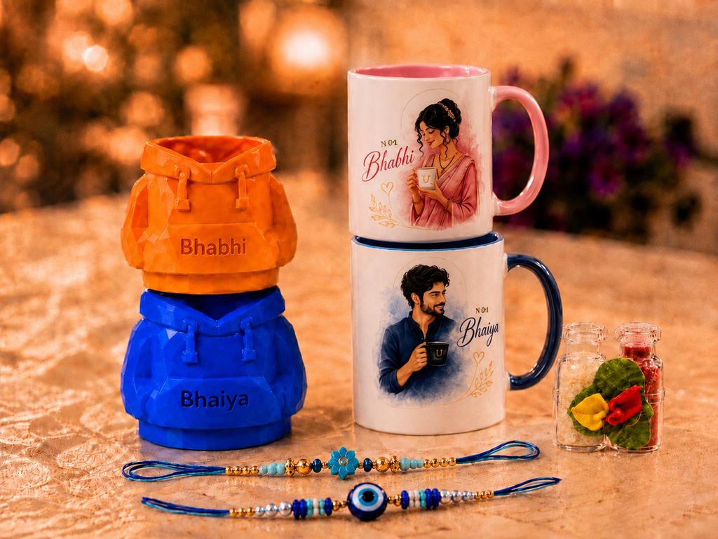 Premium Bhaiya Bhabhi Rakhi Hamper – Elegant "No.1 Bhaiya" "No.1 Bhabhi" Mugs with Designer Rakhi
