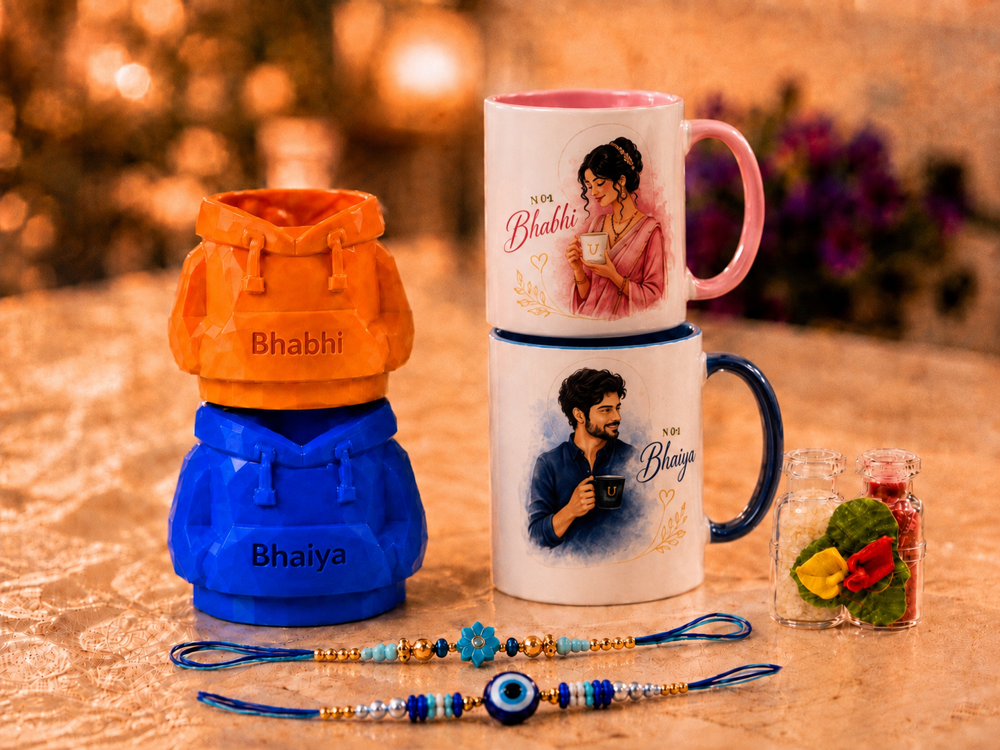 Premium Bhaiya Bhabhi Rakhi Hamper – Elegant "No.1 Bhaiya" "No.1 Bhabhi" Mugs with Designer Rakhi