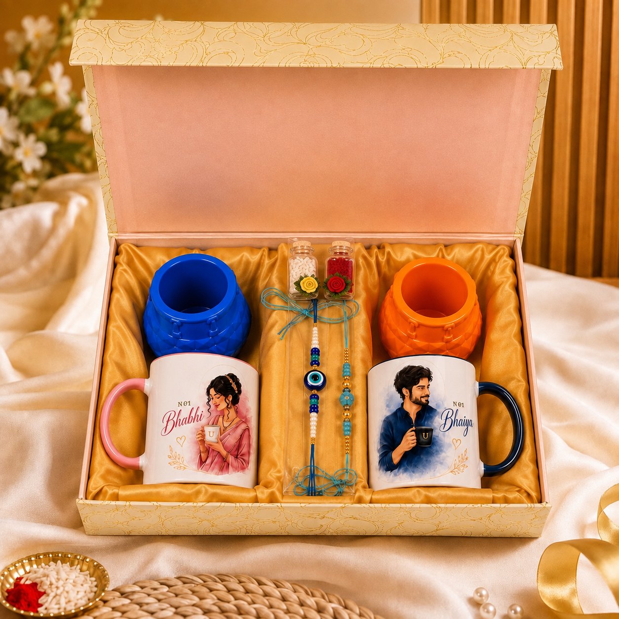 Premium Bhaiya Bhabhi Rakhi Hamper – Elegant "No.1 Bhaiya" "No.1 Bhabhi" Mugs with Designer Rakhi