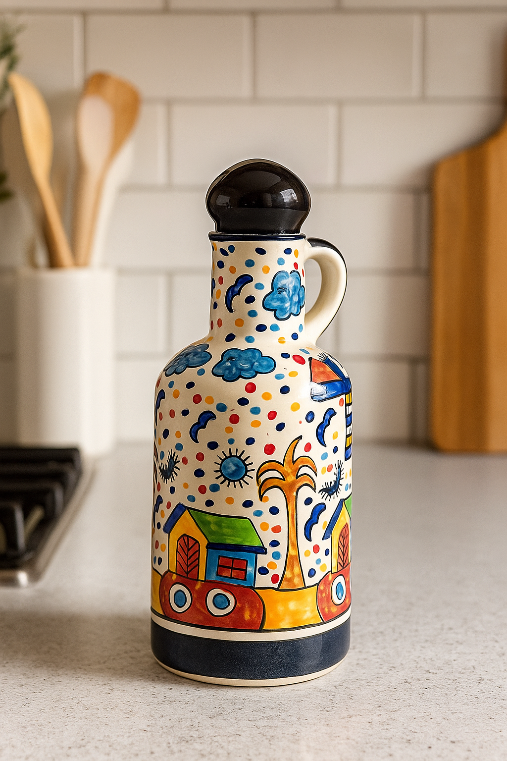 Ceramic Oil Bottle 500ml | Hand-Painted Village Design | Kitchen Oil Dispenser for Cooking