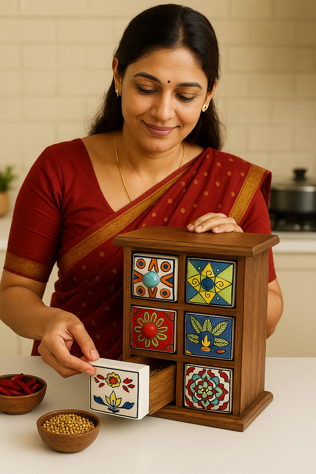 Wooden Ceramic Drawer Box | Handcrafted Storage Organizer for Spices, Jewellery & Home Decor