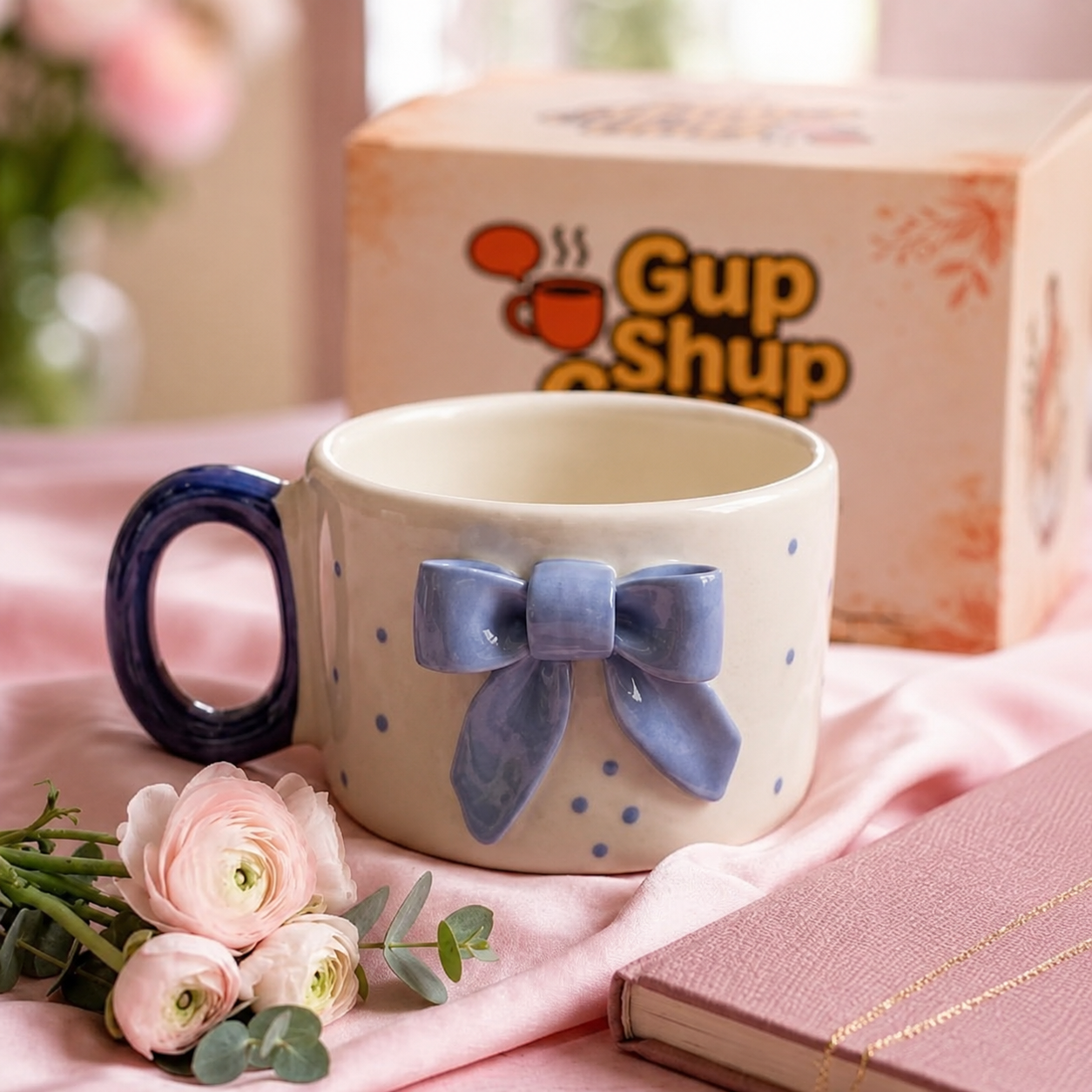 Blue Bow Mug with GupShupCups packaging