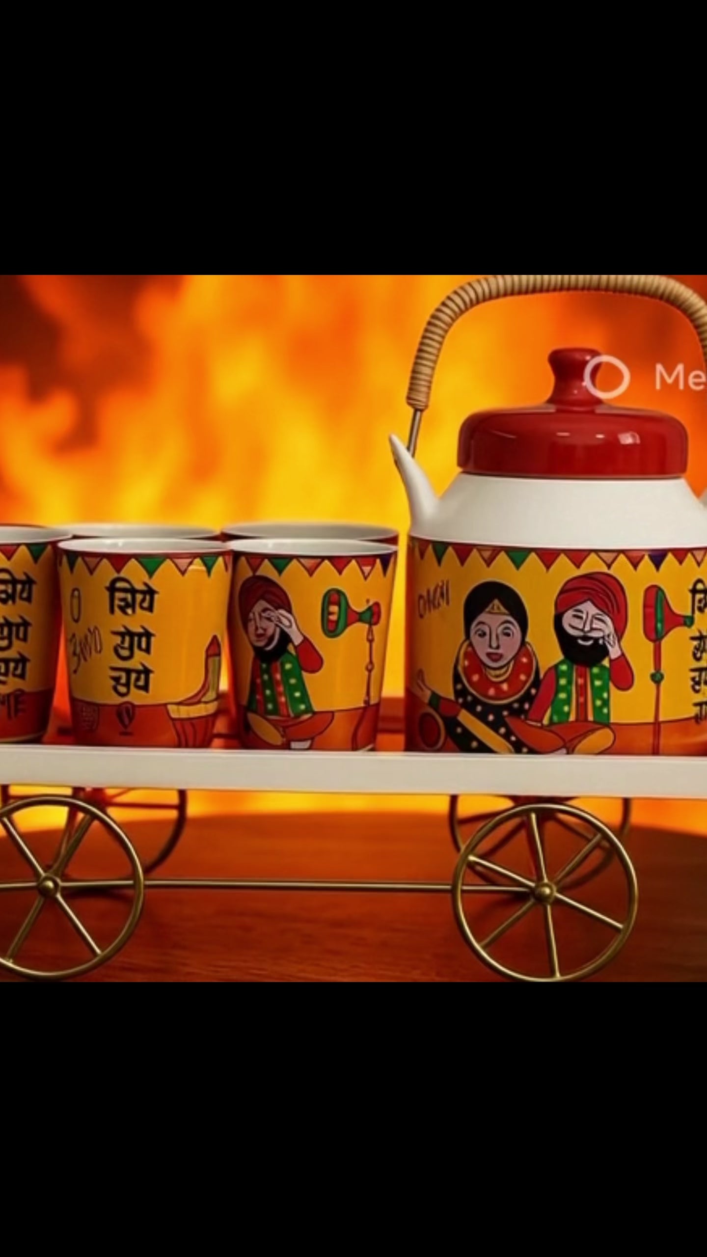 Premium Hand-Painted Ceramic Tea Cup Set with Kettle & Wooden Thela (6 Cups + 1 Kettle)