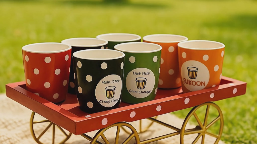 Chai Cup Gift Set with Wooden Cart | 6 Piece Ceramic Tea Cups | Handcrafted Indian Gift