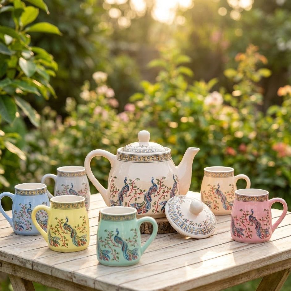 Ceramic Tea Kettle Set with 6 Cups – Ethnic Print Chai Set for Home & Gifting | GupShupCups