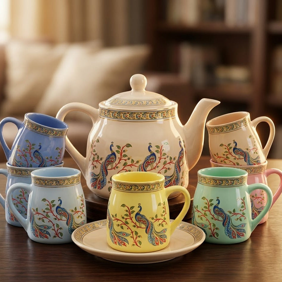 Ceramic Tea Kettle Set with 6 Cups – Ethnic Print Chai Set for Home & Gifting | GupShupCups