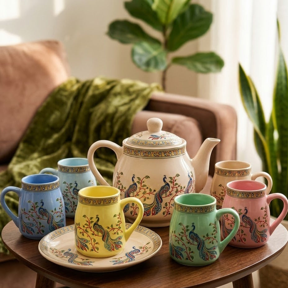 Ceramic Tea Kettle Set with 6 Cups – Ethnic Print Chai Set for Home & Gifting | GupShupCups