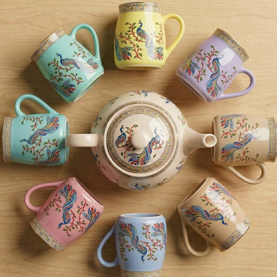 Ceramic Tea Kettle Set with 6 Cups – Ethnic Print Chai Set for Home & Gifting | GupShupCups