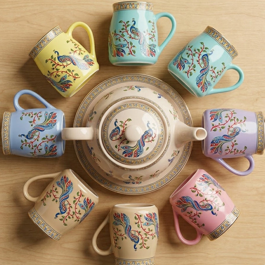Ceramic Tea Kettle Set with 6 Cups – Ethnic Print Chai Set for Home & Gifting | GupShupCups