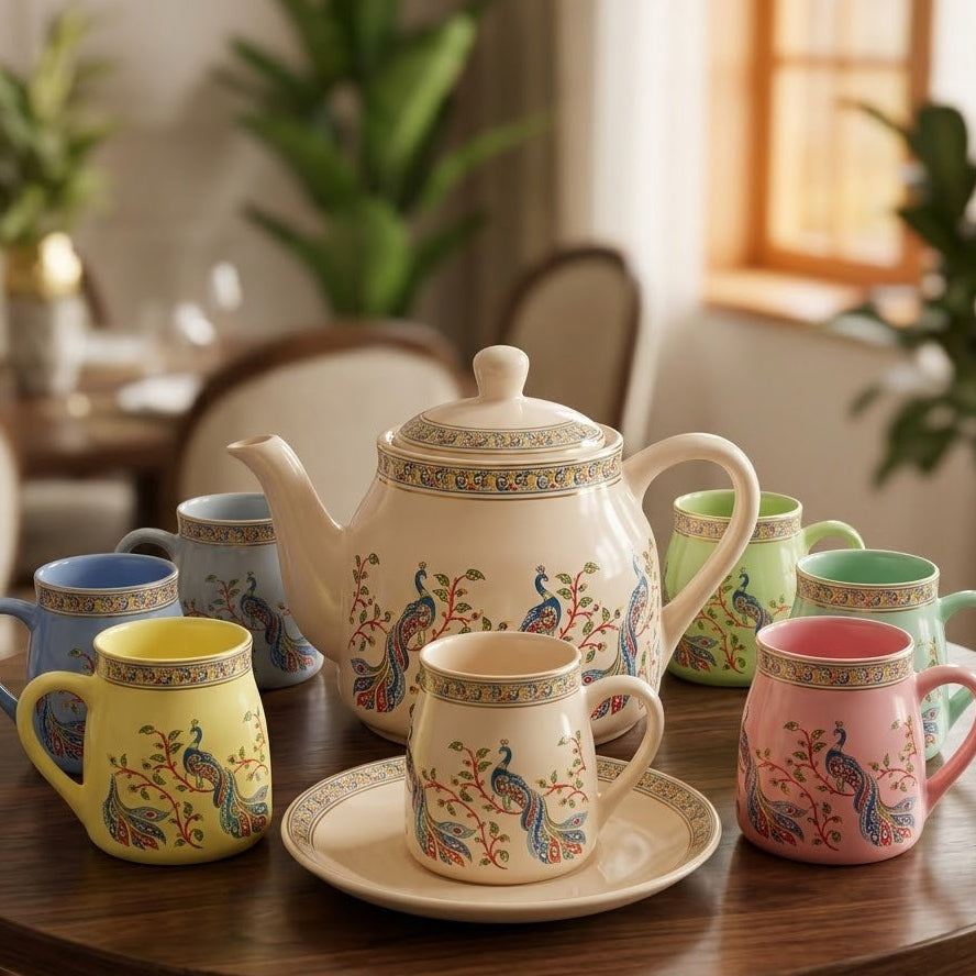 Ceramic Tea Kettle Set with 6 Cups – Ethnic Print Chai Set for Home & Gifting | GupShupCups