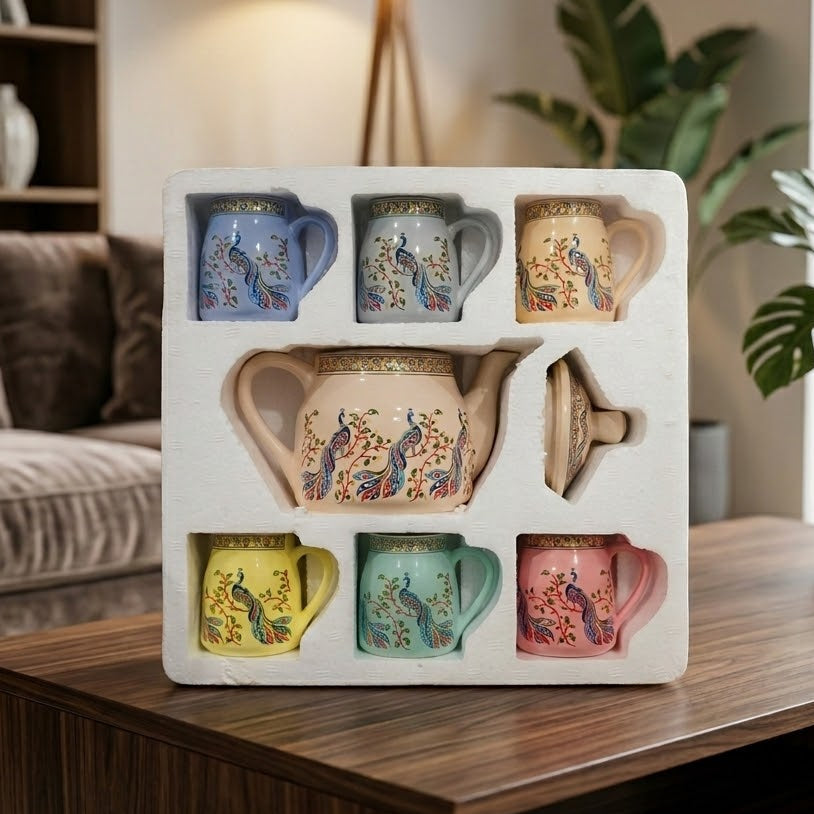 Ceramic Tea Kettle Set with 6 Cups – Ethnic Print Chai Set for Home & Gifting | GupShupCups