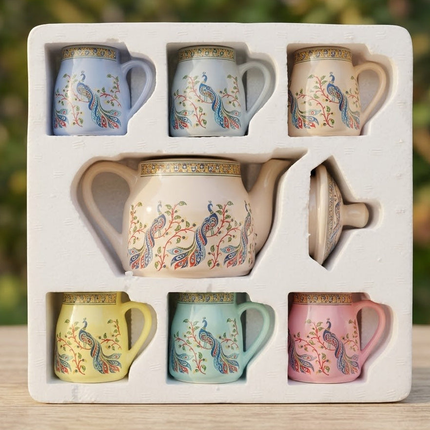 Ceramic Tea Kettle Set with 6 Cups – Ethnic Print Chai Set for Home & Gifting | GupShupCups